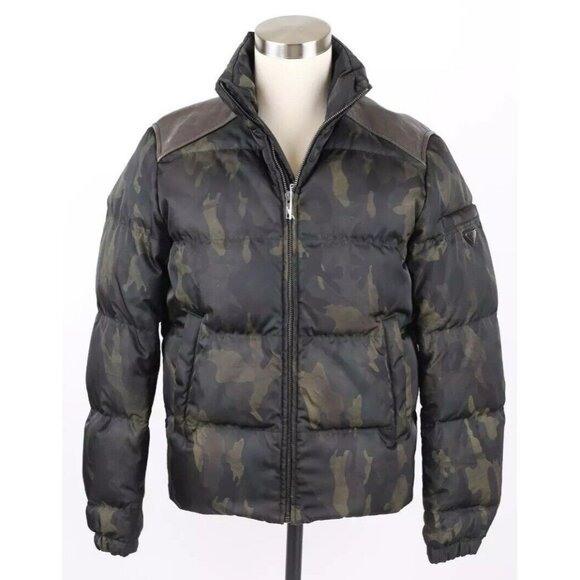 $3,200 Prada Puffer Jacket W/ Leather Shoulders SZ 48/38 Camouflage MINT